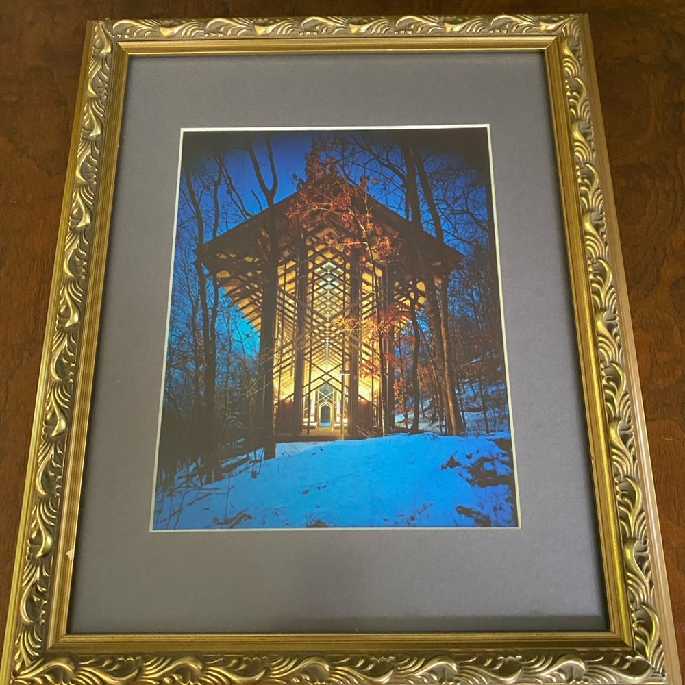 Thorncrown Chapel in the snow Eureka Arkansas vintage photo in gold wooden frame